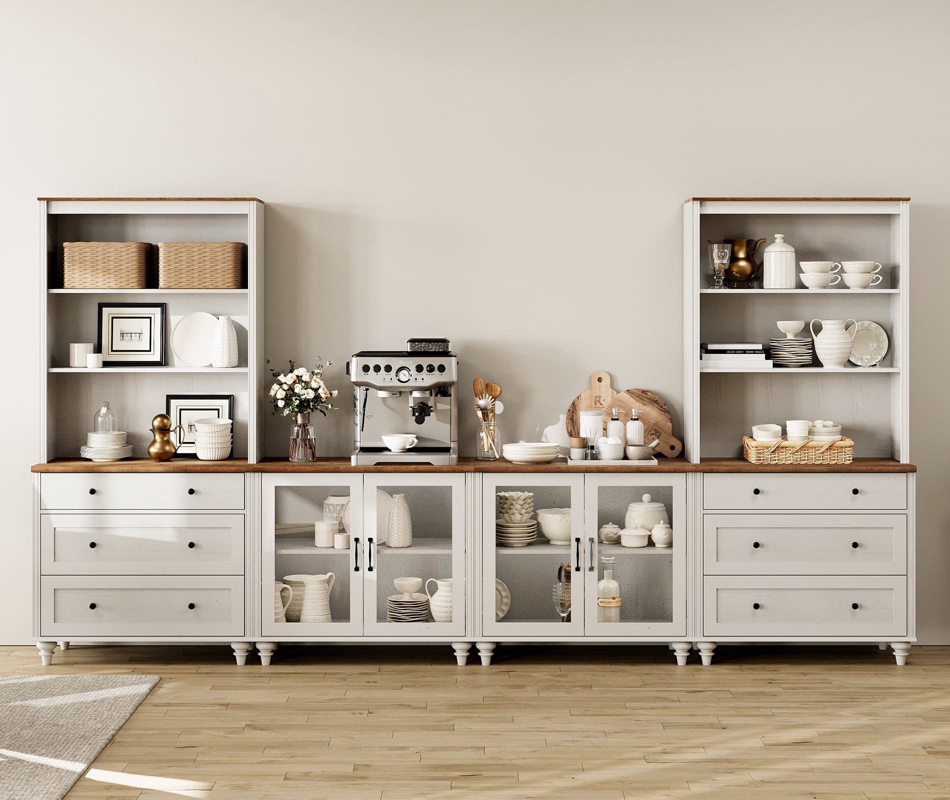 Entertainment Center with Bookshelves with Glass Doors & Drawer, Farmhouse Wall Unit TV Stand for TVs up to 75", Media Console Table for Living Room, Bedroom & Home Theater, White
