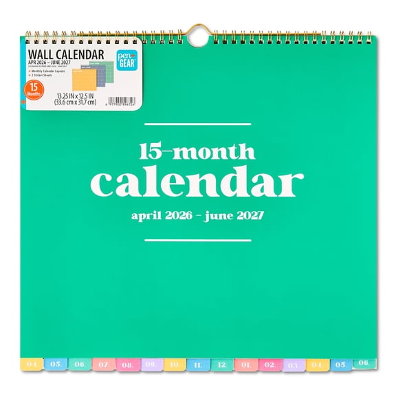 Pen+Gear Monthly Large (13.25" x 12.5") Multi Color Solid 15 -Month April 2026 -June 2027 Wall Calendar with Stickers