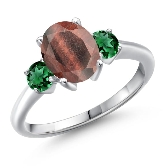 Gem Stone King 925 Sterling Silver Red Tiger Eye and Green Nano Emerald Engagement Ring for Women | 2.10 Cttw | Oval 9X7MM | Gemstone Birthstone | Size 6