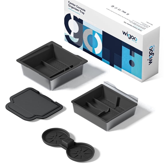 Wigoo Center Console Organizer for Tesla Model Y Juniper - Only Premium & Performance 2025 2026 & All Model 3 Highland Accessories, Double-Layer Storage, Smooth Sliding, 4PCS Black