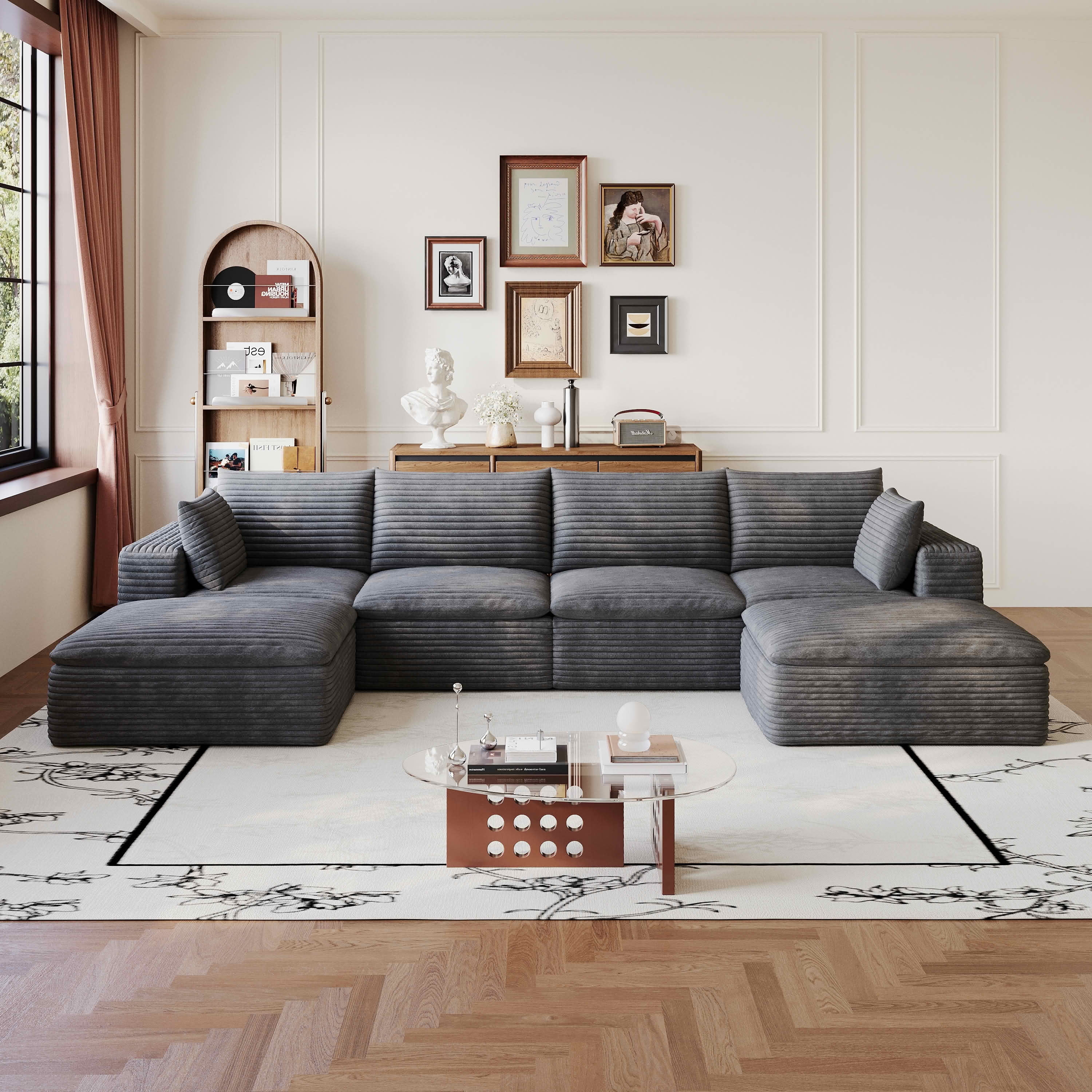 MAYEERTY 134 Inch Corduroy Cloud Floor Sofa, Modular Couch with Detachable Double-Layer Cushion, No Assembly Furniture for Home & Office