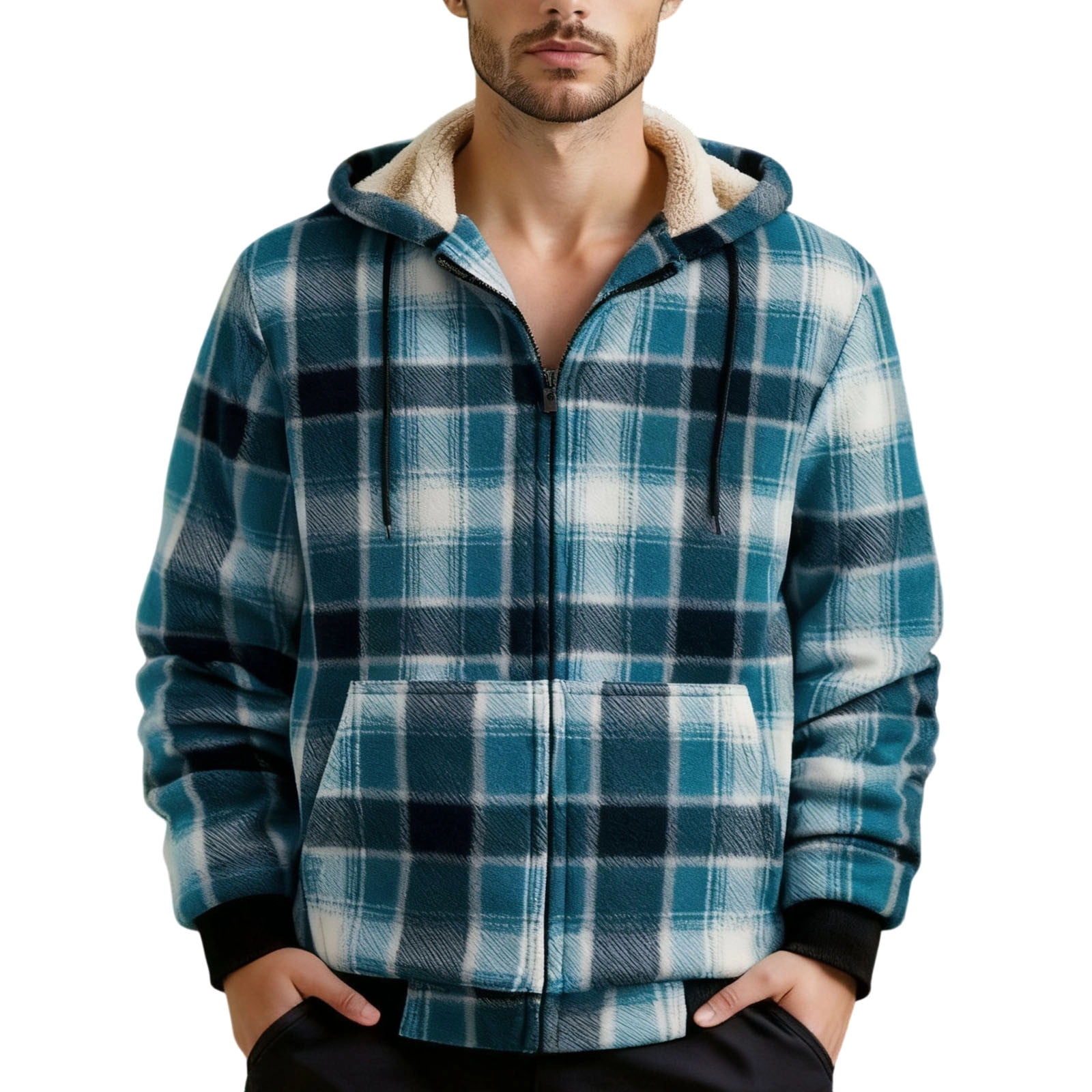 Xcmzpl Mens Plaid Hoodies Winter Coats Zip Up Fleece Shacket Jacket Sherpa Lined Warm Flannel Jacket Coat with Pocket Men Winter Coats Gifts