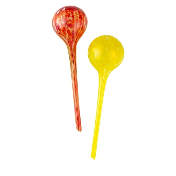 2 Piece Watering Globe Set, Colorful Hand-Blown Glass Plant Watering System, Yellow and Red