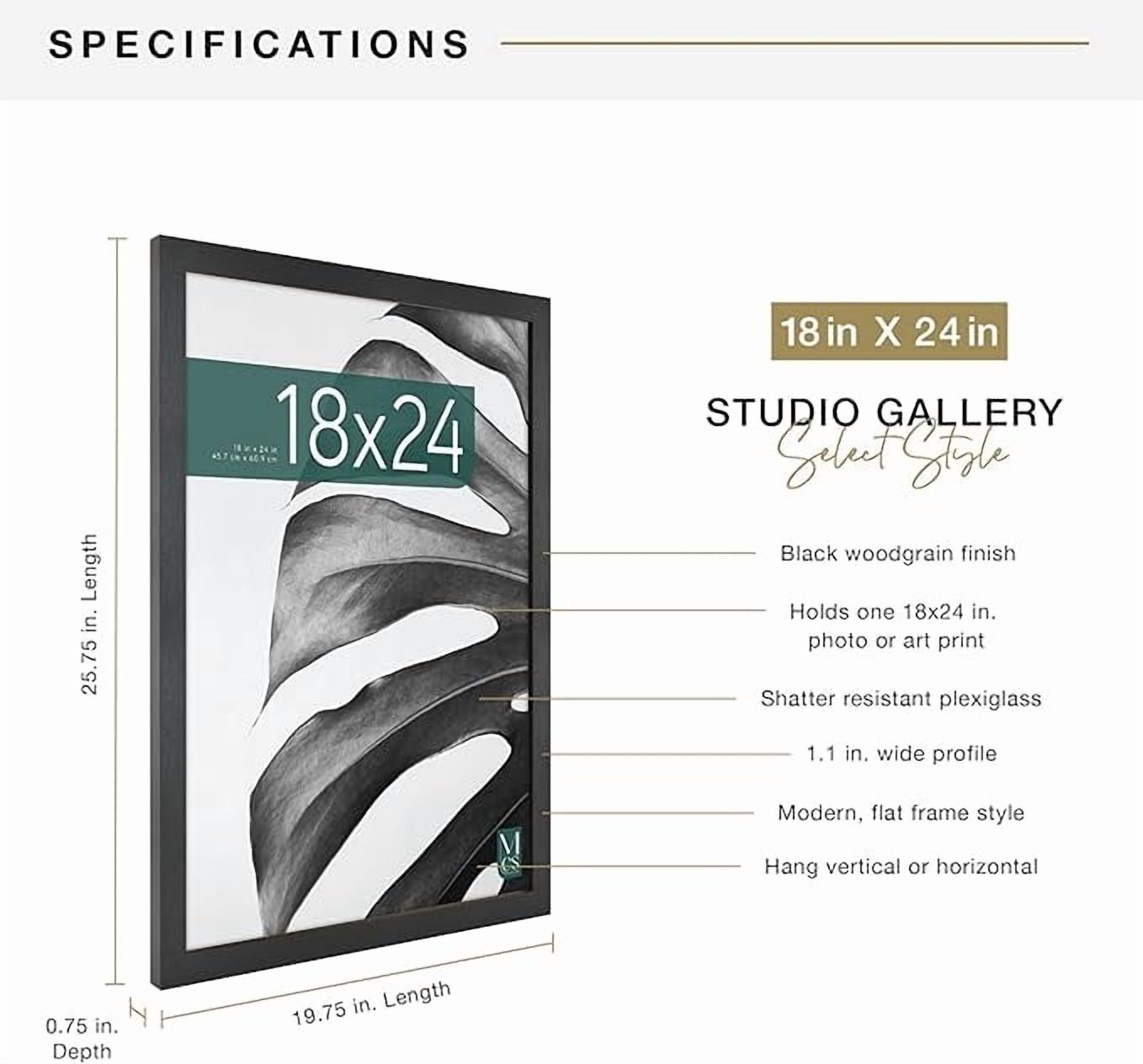 MCS Studio Gallery 18x24 Poster Frame Black Woodgrain, Vertical & Horizontal Wall Hanging Large Picture Frame for Photos, Posters & Art Prints (1-Pack)