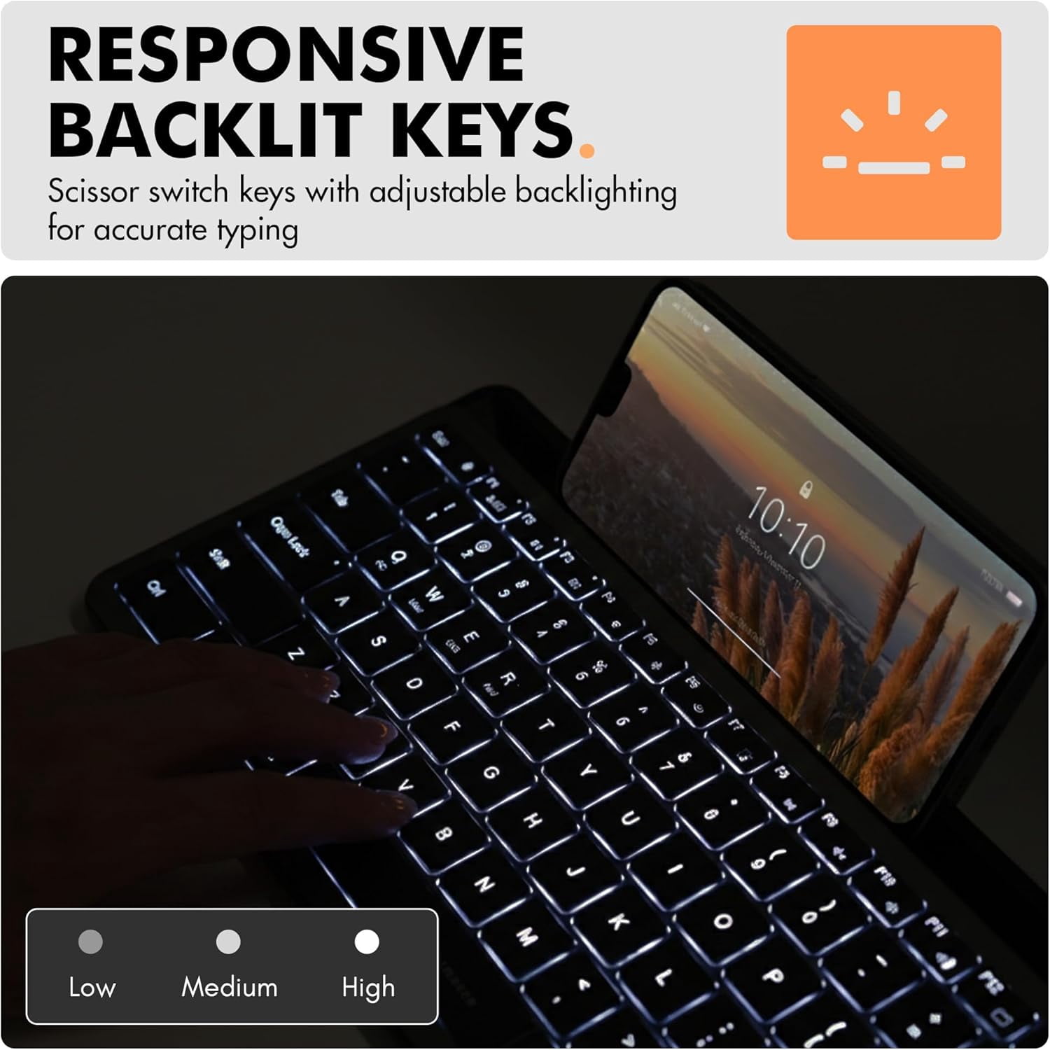 Small Wireless Keyboard with Dock - (BT + 2.4Ghz) - Ready for Travel - Compact Bluetooth Keyboard for Tablet, Phone, Office - Backlit, Portable, Multi-Device - PC, Mac, iPad, Android