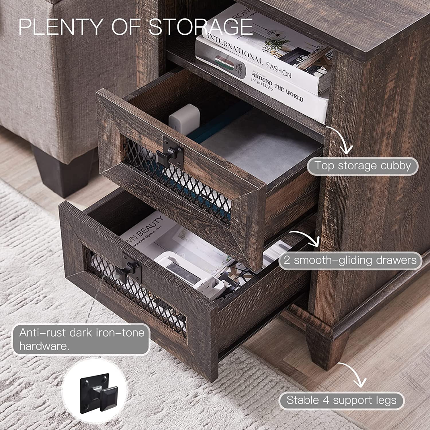 OKD 2-Drawer Wooden End Table with Charging Station for Living Room, Modern Square Nightstand, Dark Rustic Oak
