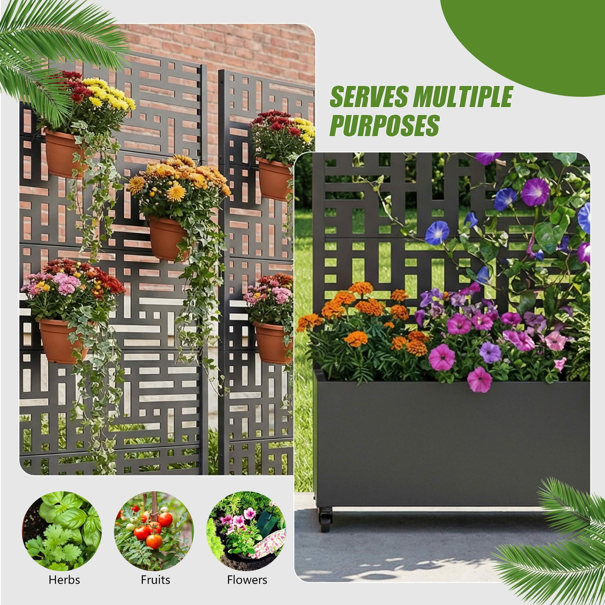 MAYEERTY 72x35x16 Inch Black Metal Double-sided Rectangular Planter Box with Trellis for Street, 5 Piece Set
