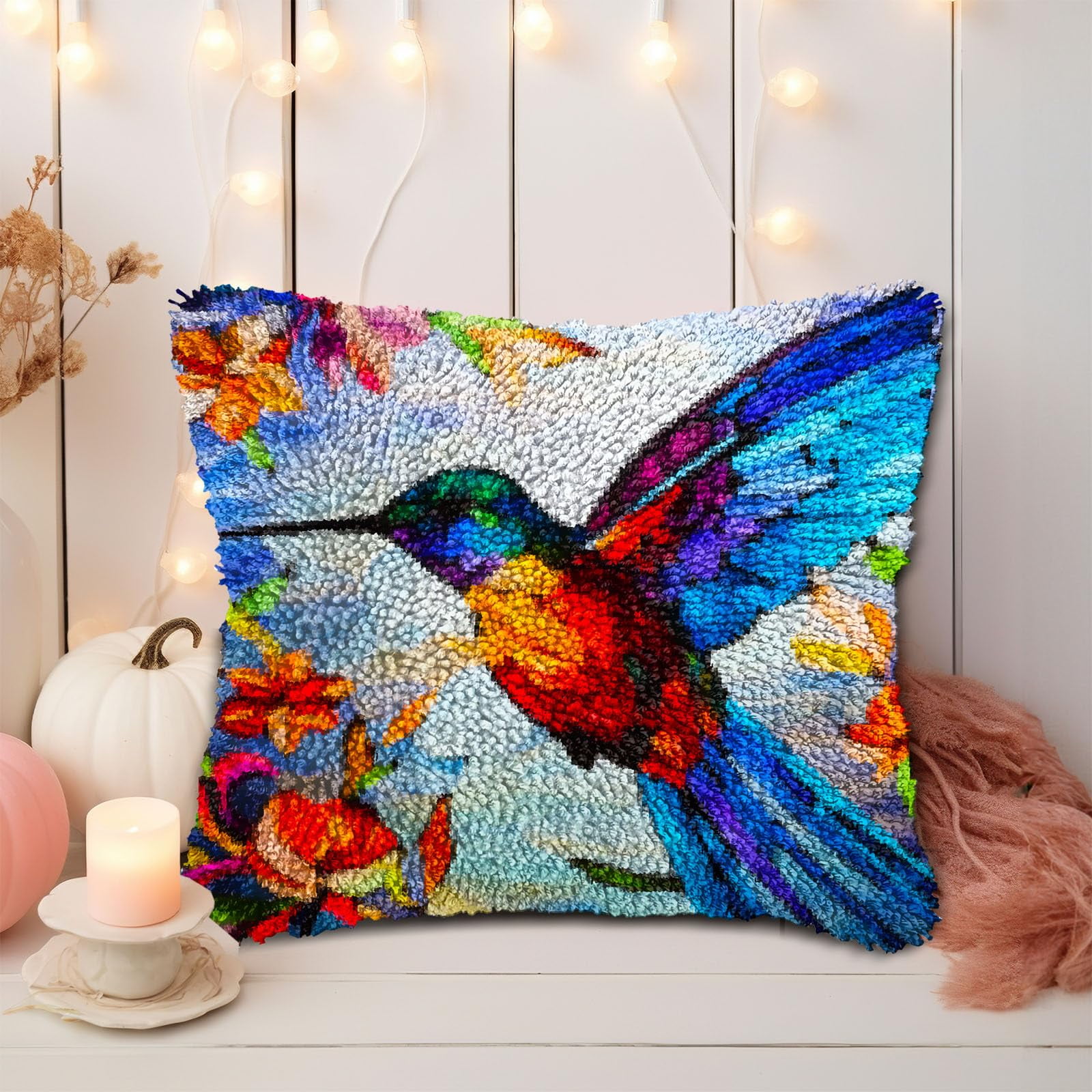 Colorful Stained Glass Hummingbird DIY Latch Hook Pillow Kits for Adults Printed Pillowcase Crochet Yarns Hooking Handmade Pillow Cover Cushion for Home Sofa Decoration 17x17inch
