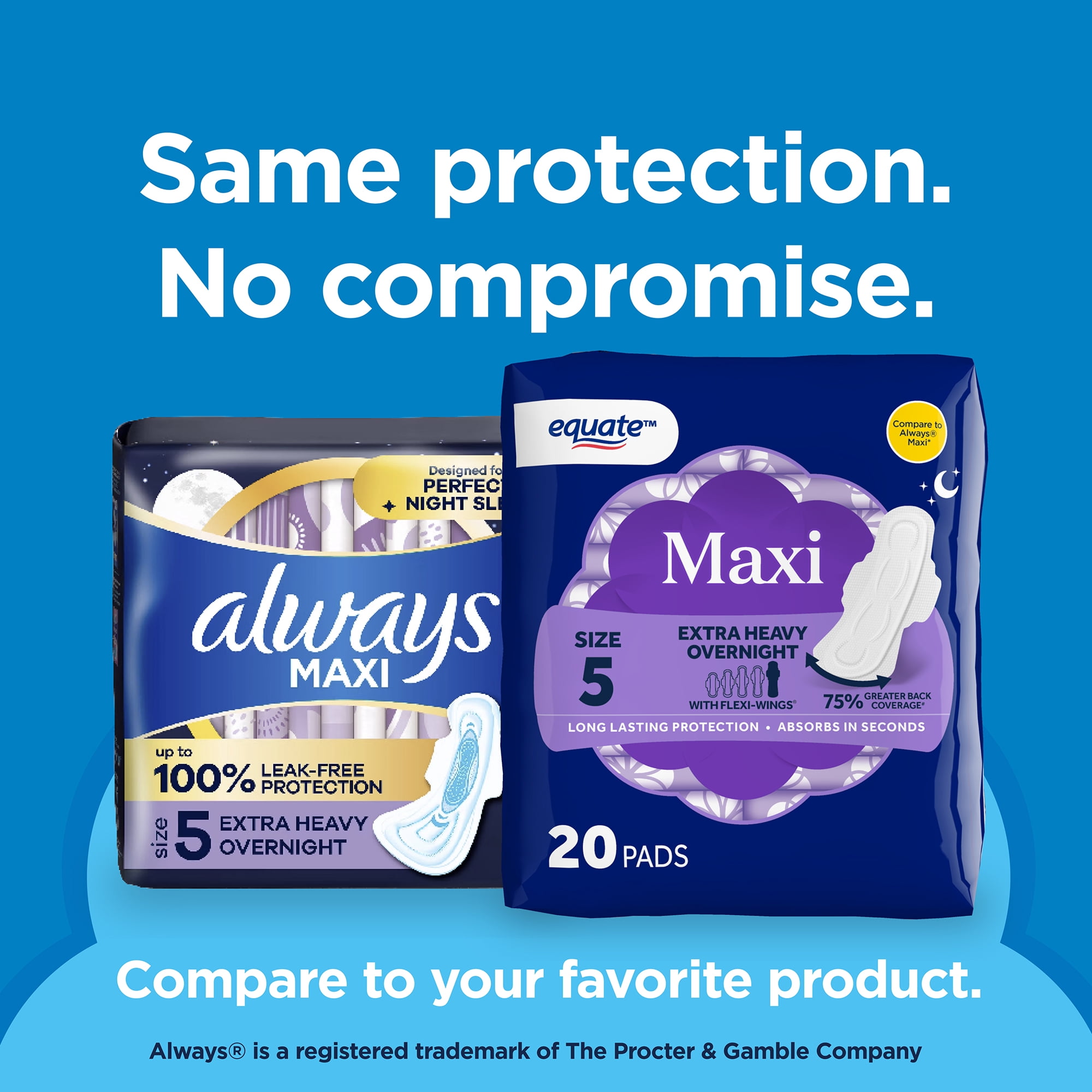 Equate Overnight Maxi Pads with Flexi-Wings, Extra Heavy Overnight Absorbency, Size 5, 20 Count