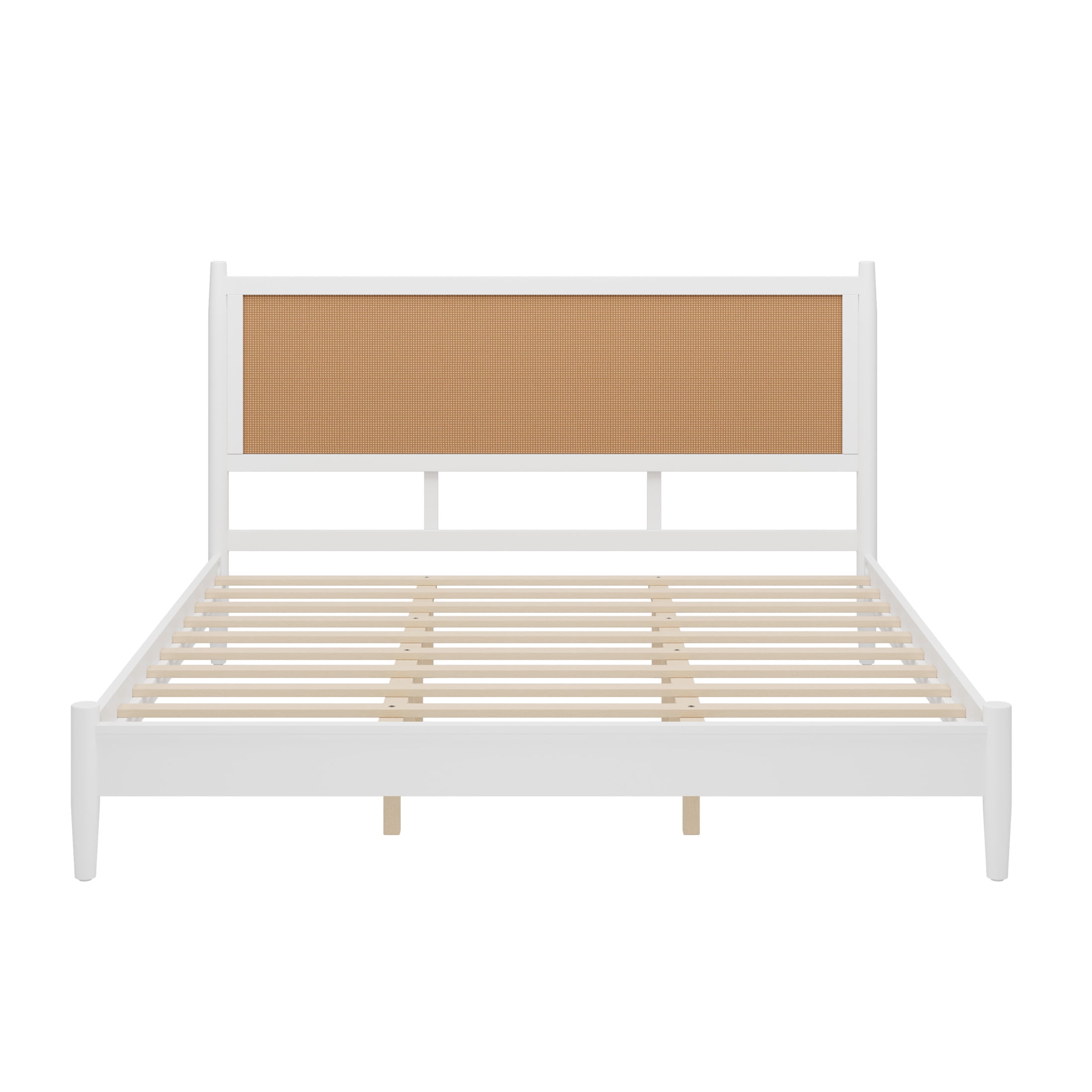 Christopher Knight Home Boho King Platform Bed Frame with Rattan Headboard, Wood Slat Support, White