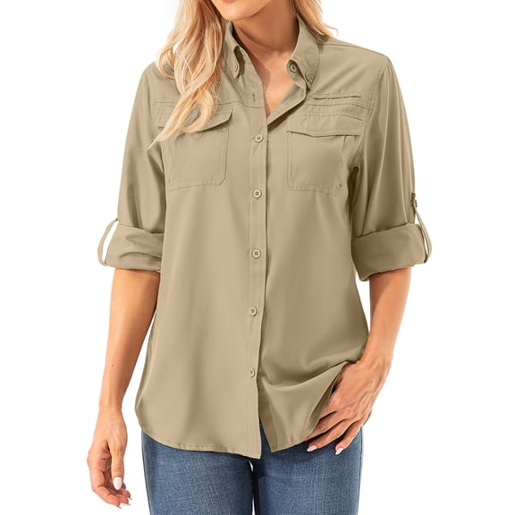 FEN AI Women UPF Sun Protection Safari Shirts Convertible Long Sleeve Button Down Shirt for Hiking Fishing Tops Khaki