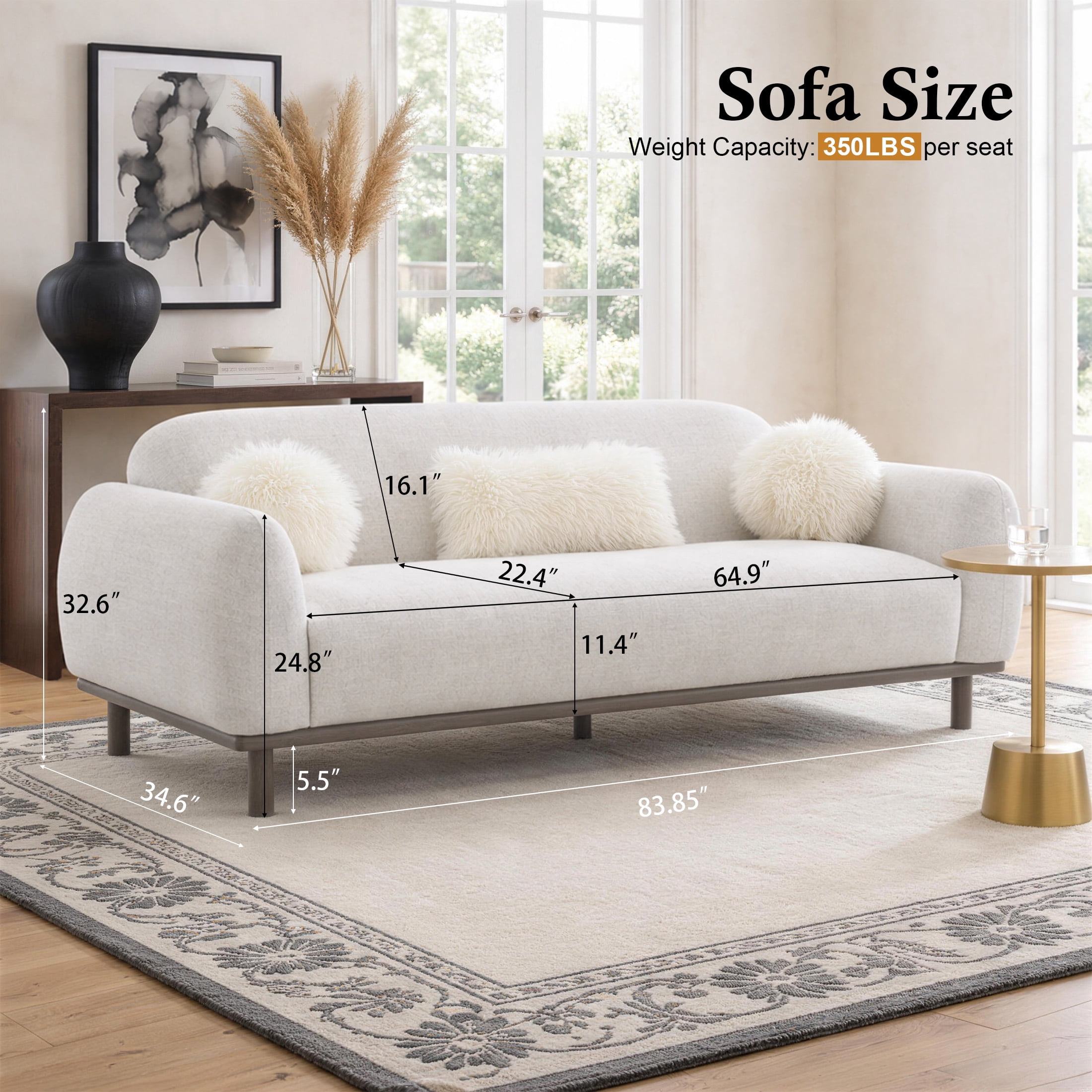 Aukfa 84" Contemporary Sofa, 3 Seater Couch for Living Room, Chenille, White