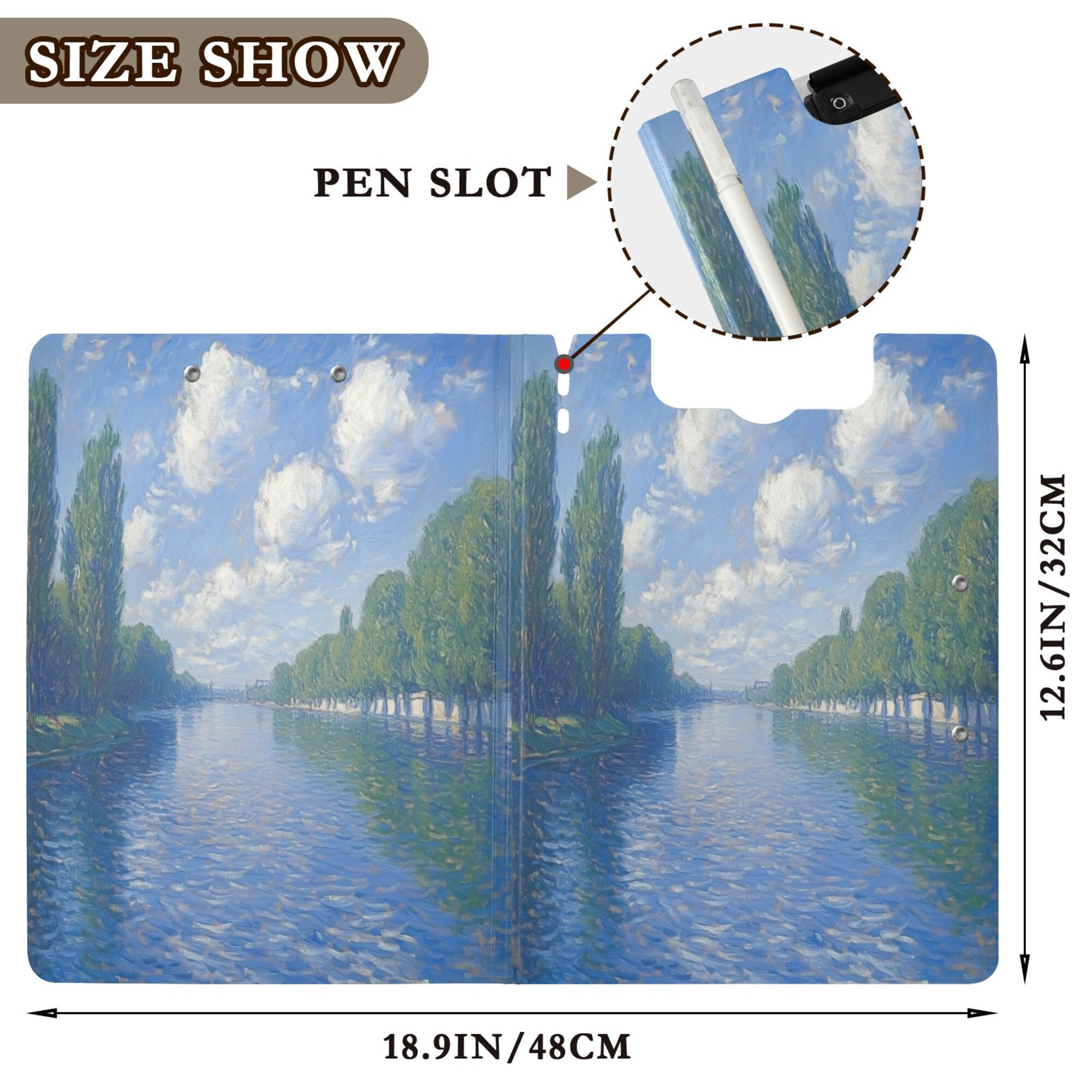 FORMRS A4 Clipboard Folder with Pen Holder Horizontal Foldable School Office Binder, Blue Sky and River