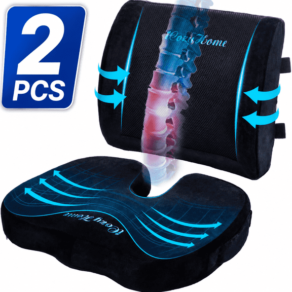 Guttylief Coccyx Seat Cushion & Lumbar Support Pillow for Office Chair, Wheel Chair and Car, Memory Foam Back & Tailbone Support, Black