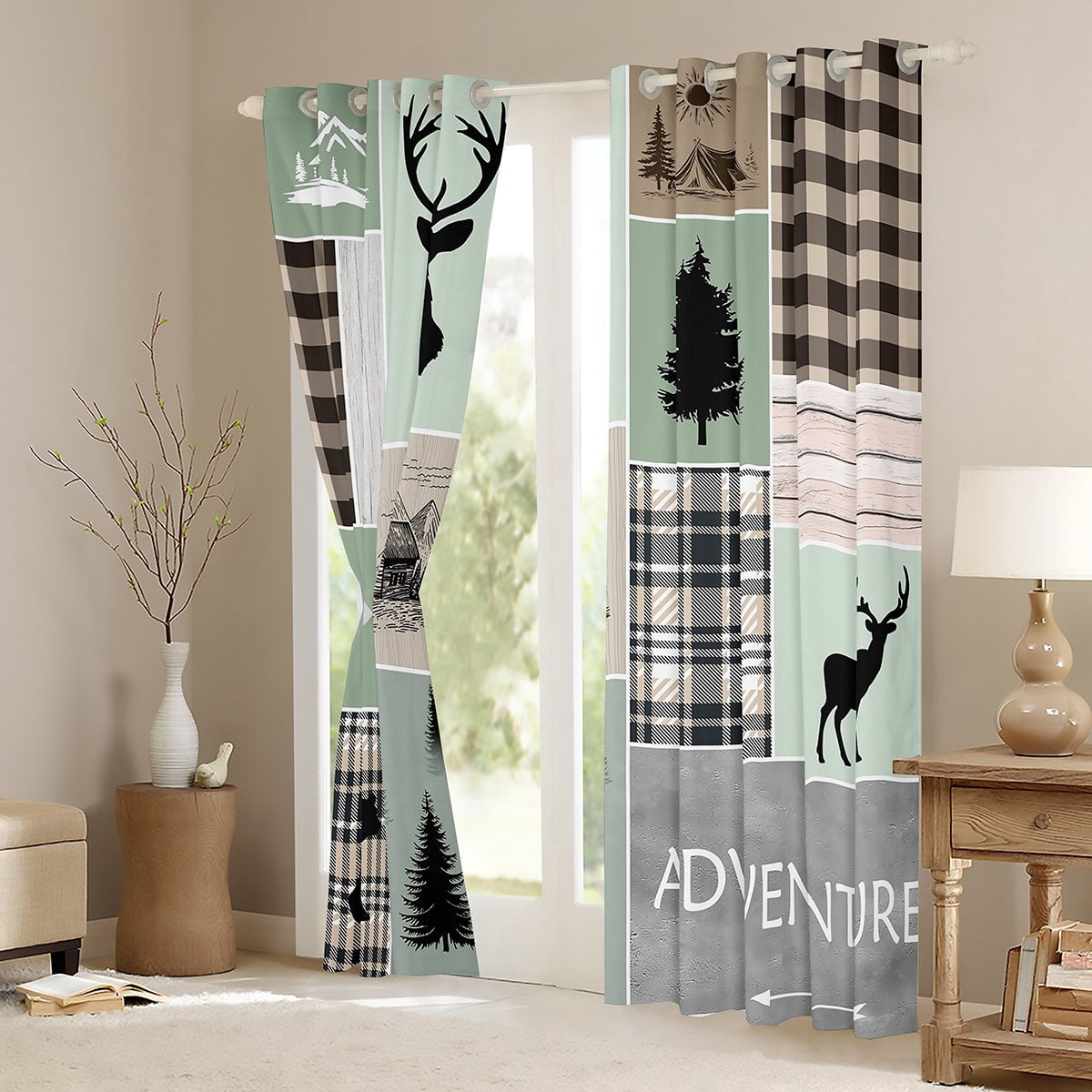 Manfei Rustic Camping Curtains Pack of 2 (42x84 Each) for Kids, Bear Deer Animal Curtains Blackout, Farmhouse Patchwork Bedroom Curtains, Black Out Curtains Decor
