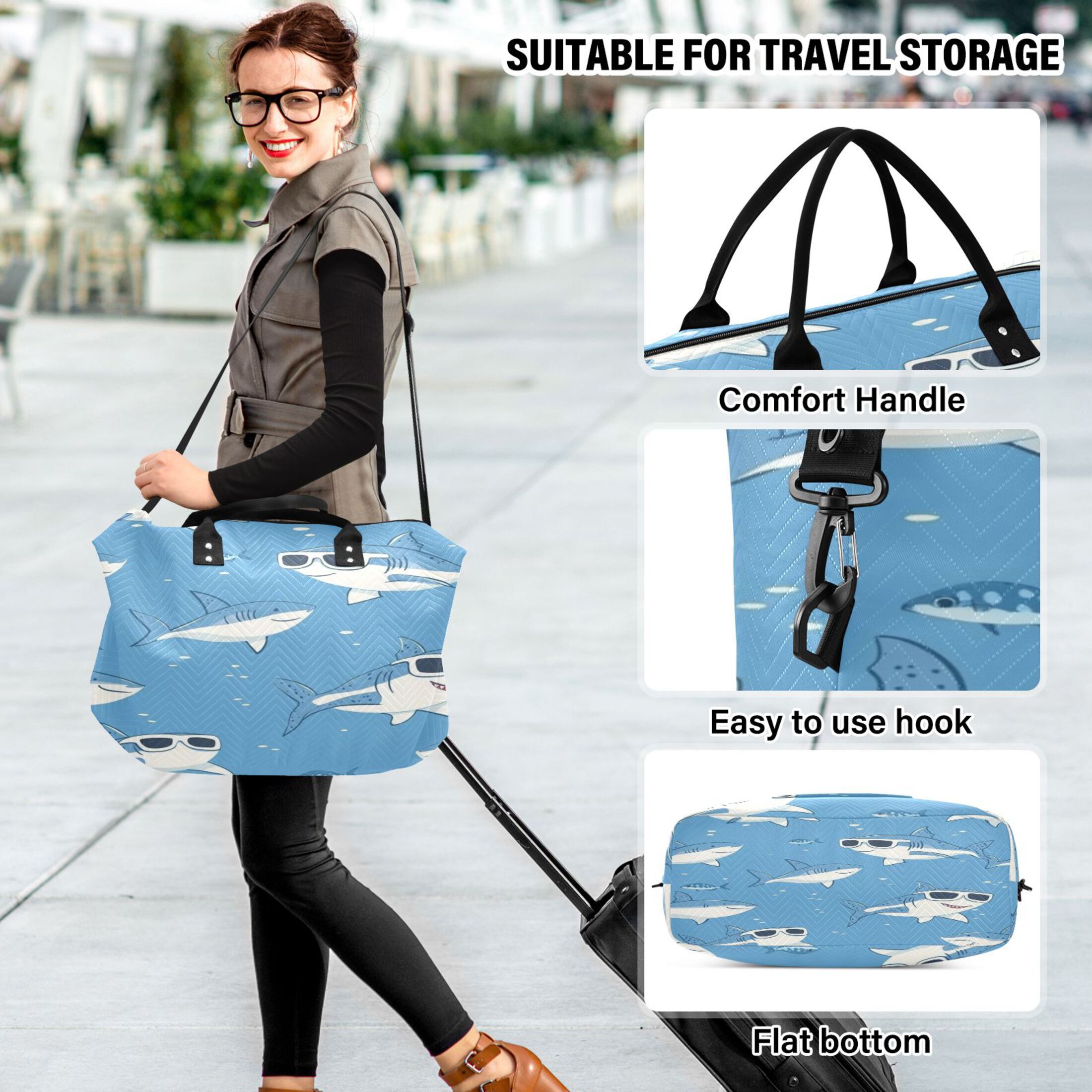 Travel Duffel Luggage Bag Sports Duffle Bag Gym Bag with Zipper Cute Sharks Wearing Sunglasses