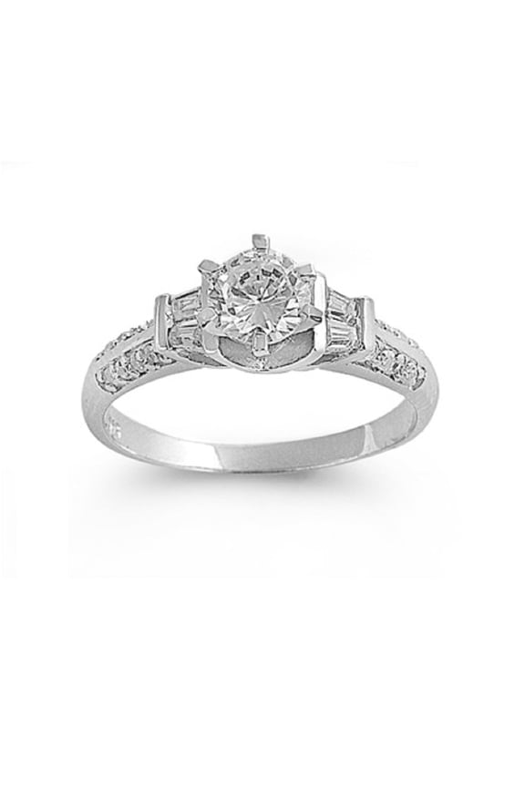 Baguette Sided Round Center Cubic Zirconia Ring Sterling Silver 925