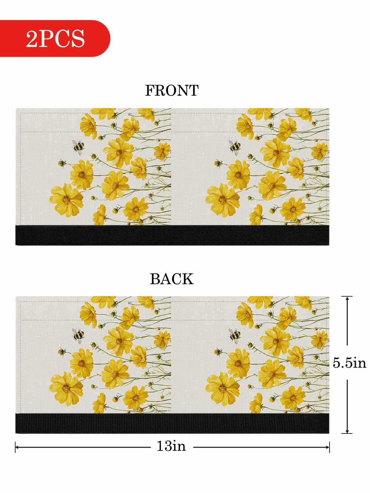Yellow Floral Bee Refrigerator Door Handle Covers Set of 2, Summer Watercolor Botanical Flower Kitchen Fridge Microwave Oven Dishwasher Stove Cabinet Handle Protectors, Washable Appliance Decor