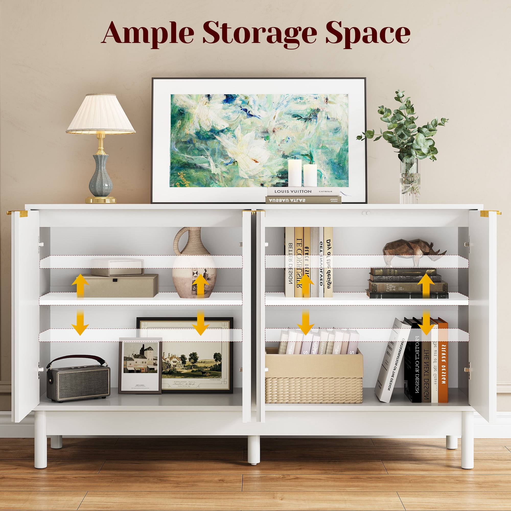 TrumanPick  55'' Buffet Cabinet with Fluted Door, Adjustable Shelves, and Edge Pull White