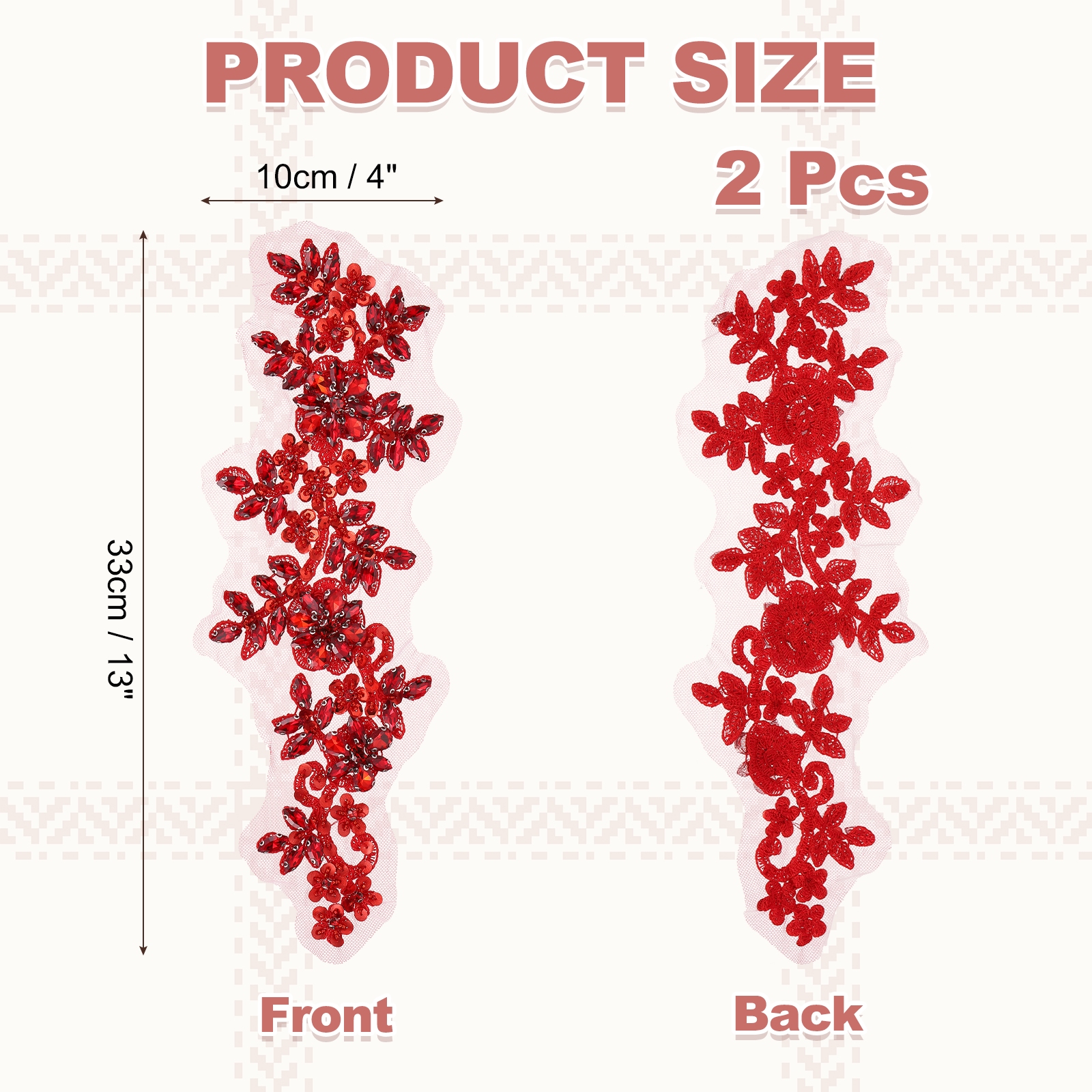 Uxcell 2Pack Rhinestone Applique Patches, 13 x 4 Inches Red Lace Embroidery Patches Sew on Rhinestone Beaded Sequins for Sewing Making Dresses Wedding Banquet Evening Gown Decoration