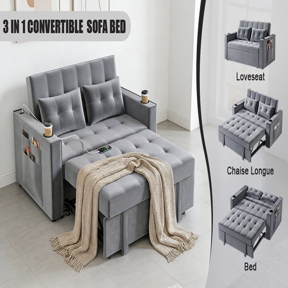 Xinwanna Sleeper Sofa Couch w/Pull Out Bed, Modern Velvet Convertible Sleeper Sofa Bed, Small Love seat Sofa Bed with 2 Pillows & Side Pockets for Small Space, Living Room, Apartment, Grey