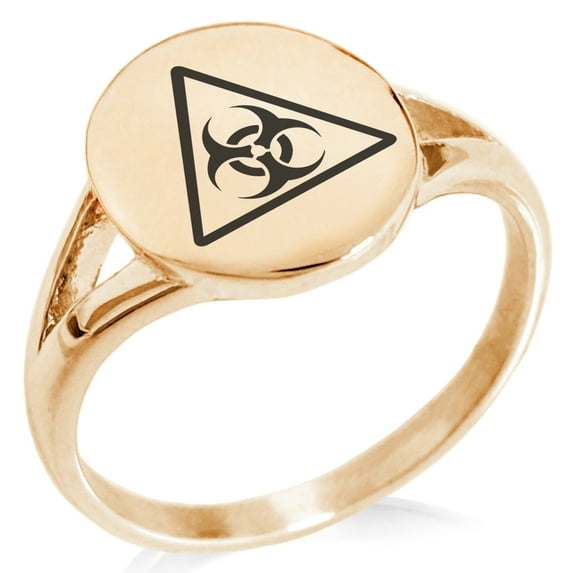 Stainless Steel Biohazard Triangle Minimalist Oval Top Polished Statement Signet Ring