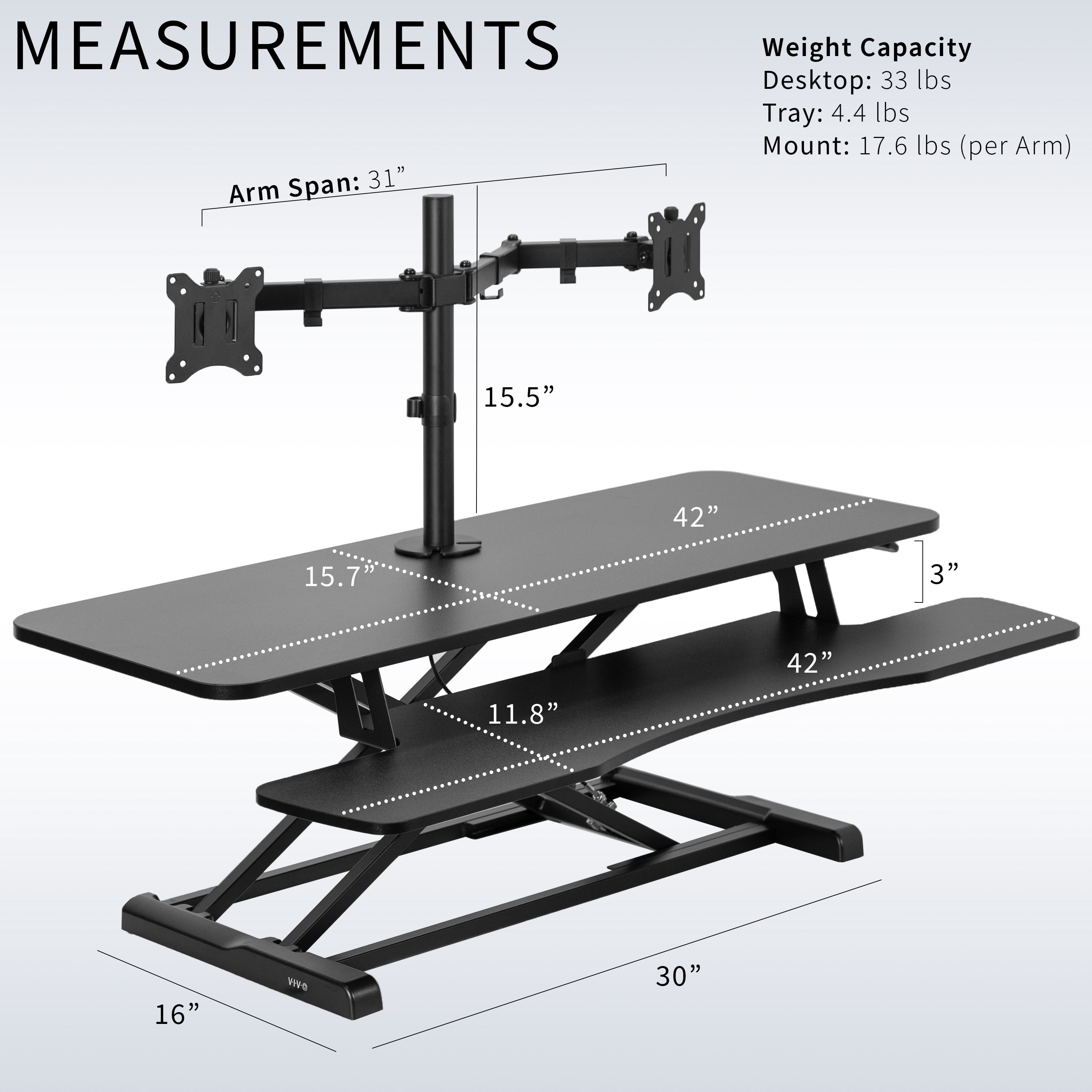 VIVO Black 42" Standing Desk Riser with Adjustable Dual 13" to 30" Monitor Mount