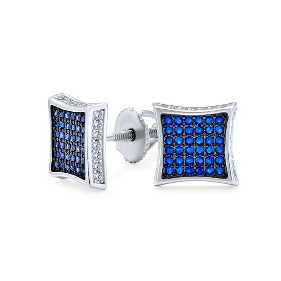 Bling Jewelry Mens Square Shape CZ Cubic Zirconia Stud Earrings Blue Black Sterling Silver ScrewBack