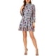 thumbnail image 2 of Vestido mini casual de chiffon con cuello fruncido y volantes de manga larga floral para mujer, azul L, 2 of 6