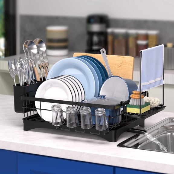 Dish Drying Rack, WLRETMCI Dish Rack for Kitchen Counter,Large Dish Drainer Organizer with Utensil Cups Holder for Home Kitchen