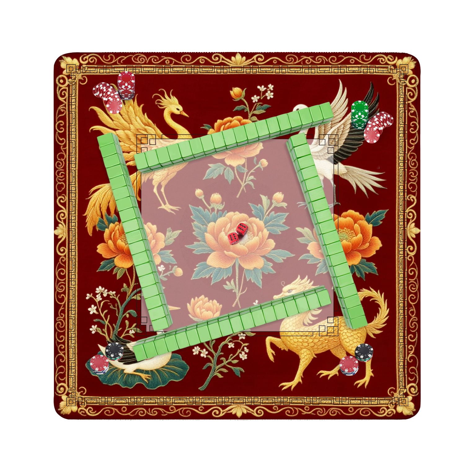 Mahjong Mat 31.5" x 31.5" Golden Crane Blossoming Peonies Ornate Floral Non-Slip Noise Reduction American Mahjong Tiles Table Cover for Dominoes Poker Card Board Games Gift