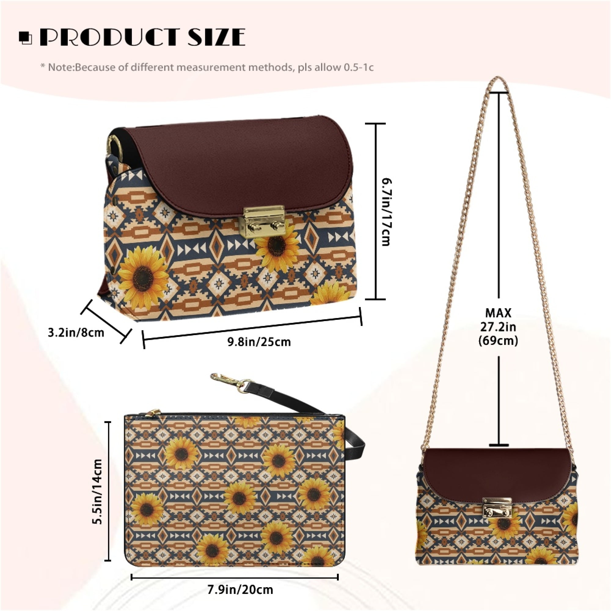 TSOVTHRID Aztec Tribal Sunflower Brown Print Crossbody Bags Womens Leather Cross Body Handbags for Women with Long Detachable Chain Small Shoulder Purses Large Capacity Bag