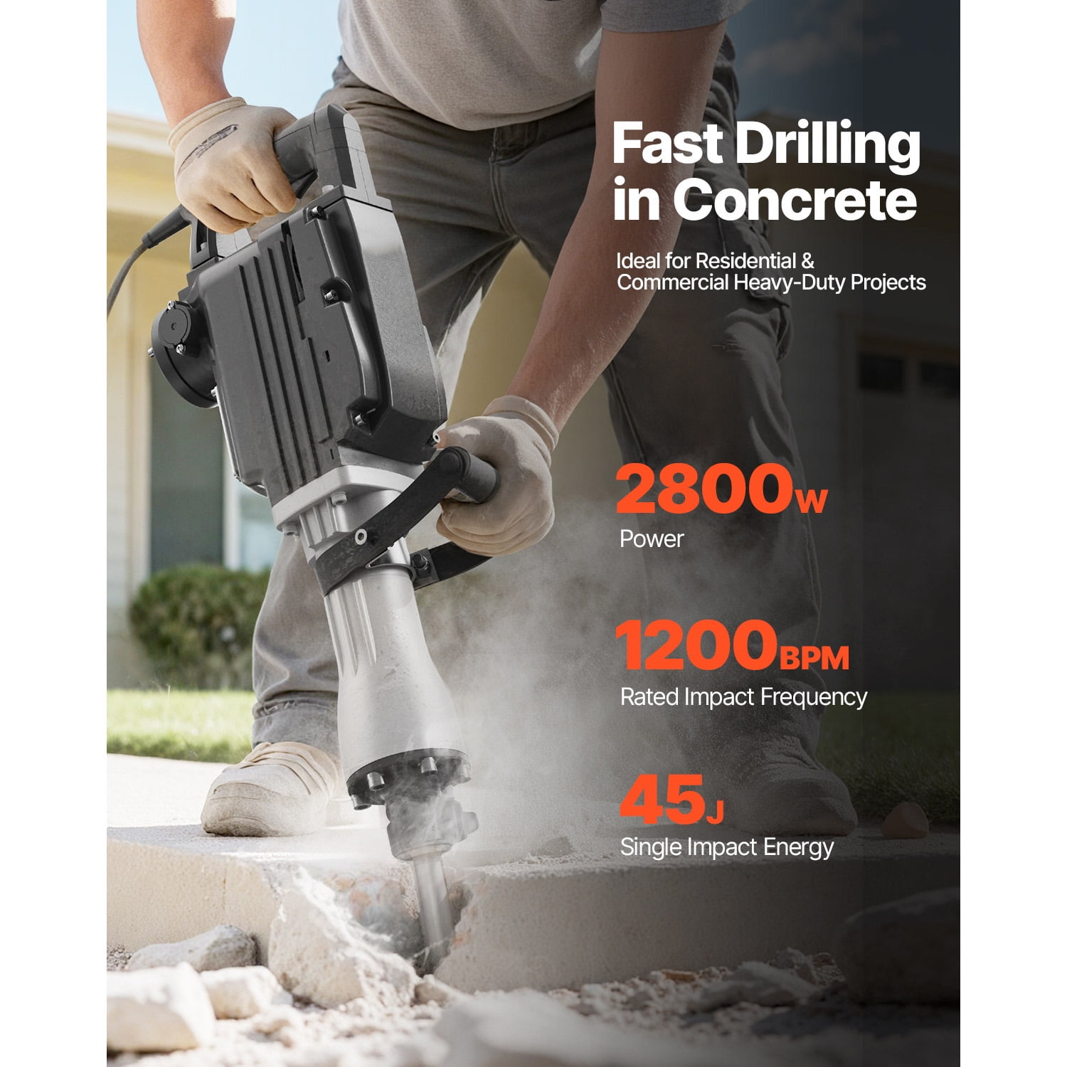 KFFKFF 2800W Electric Demolition Jack Hammer, Heavy-Duty Concrete Breaker with 3 Chisels, Clay Spade, Carrying Case, and Gloves for Breaking Concrete, Walls, Bricks, Tiles, and Foundations