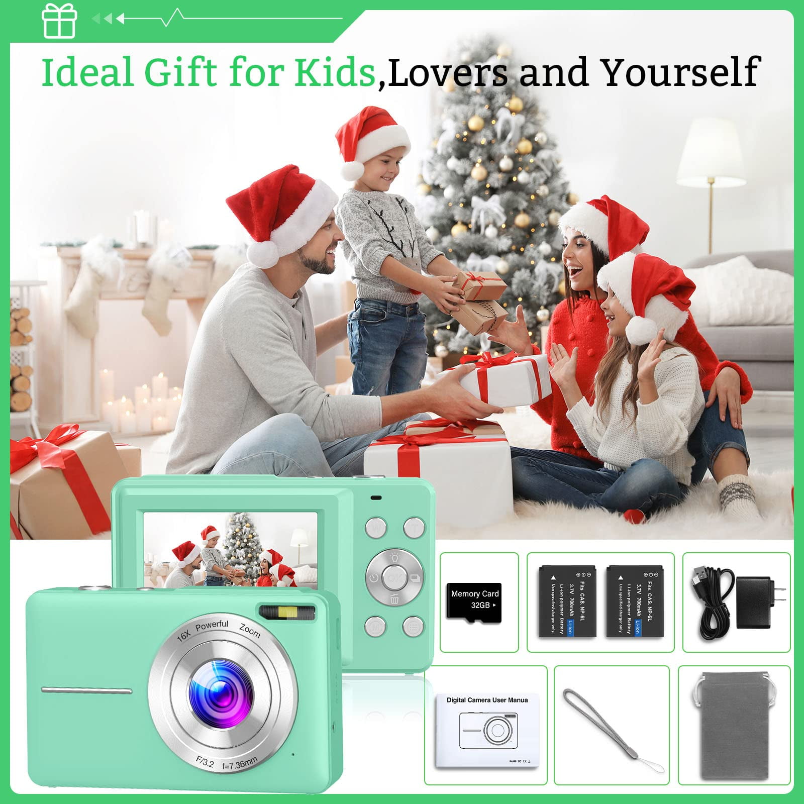  Cámara digital, cámara para niños con tarjeta de 32 GB FHD  1080P 44MP cámara de vlogging con pantalla LCD zoom 16X compacto portátil  mini cámara recargable regalos para estudiantes, adolescentes, adultos