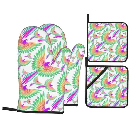 

Oven Mitts and Pot Holders 4 pcs Set Colorful Flying Parrot Cute Heat Resistant Pot Holders Oven Mitts for kitchen Non-Slip Hanging Loop Oven Glove Potholders for Baking Cooking