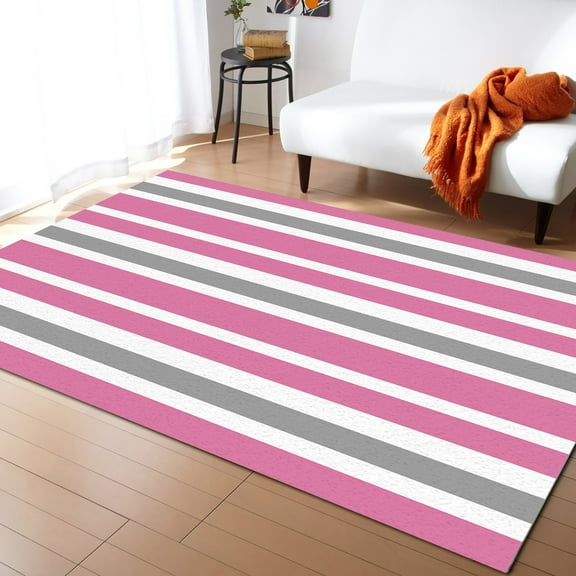 Area Rug 4'x6' Pink Gray White Stripe Washable Area Rugs Non Shedding Floor Carpet Rubber Backing Non-Slip Indoor Mats for Living Room Bedroom Kitchen