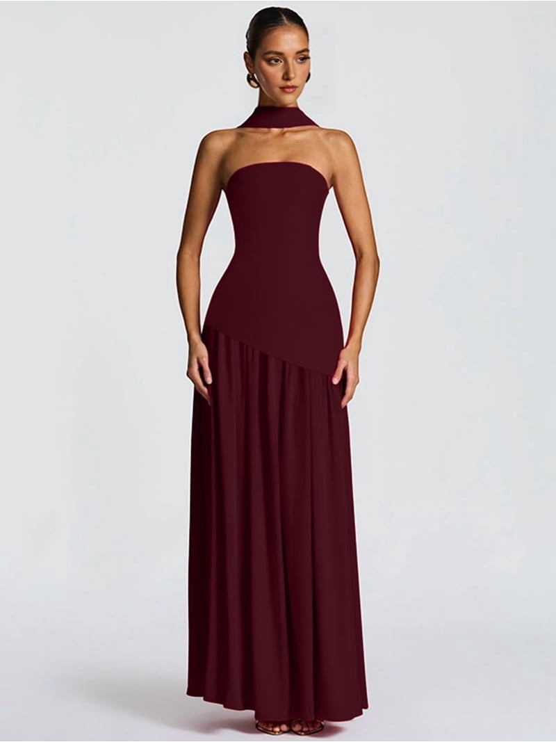 red strapless dress with scarf Strapless Satin Straight, Lovestruck Look Corset Maxi And Scarf Dress in Wine, Size L, For Bridesmaid Or Valentine's Day