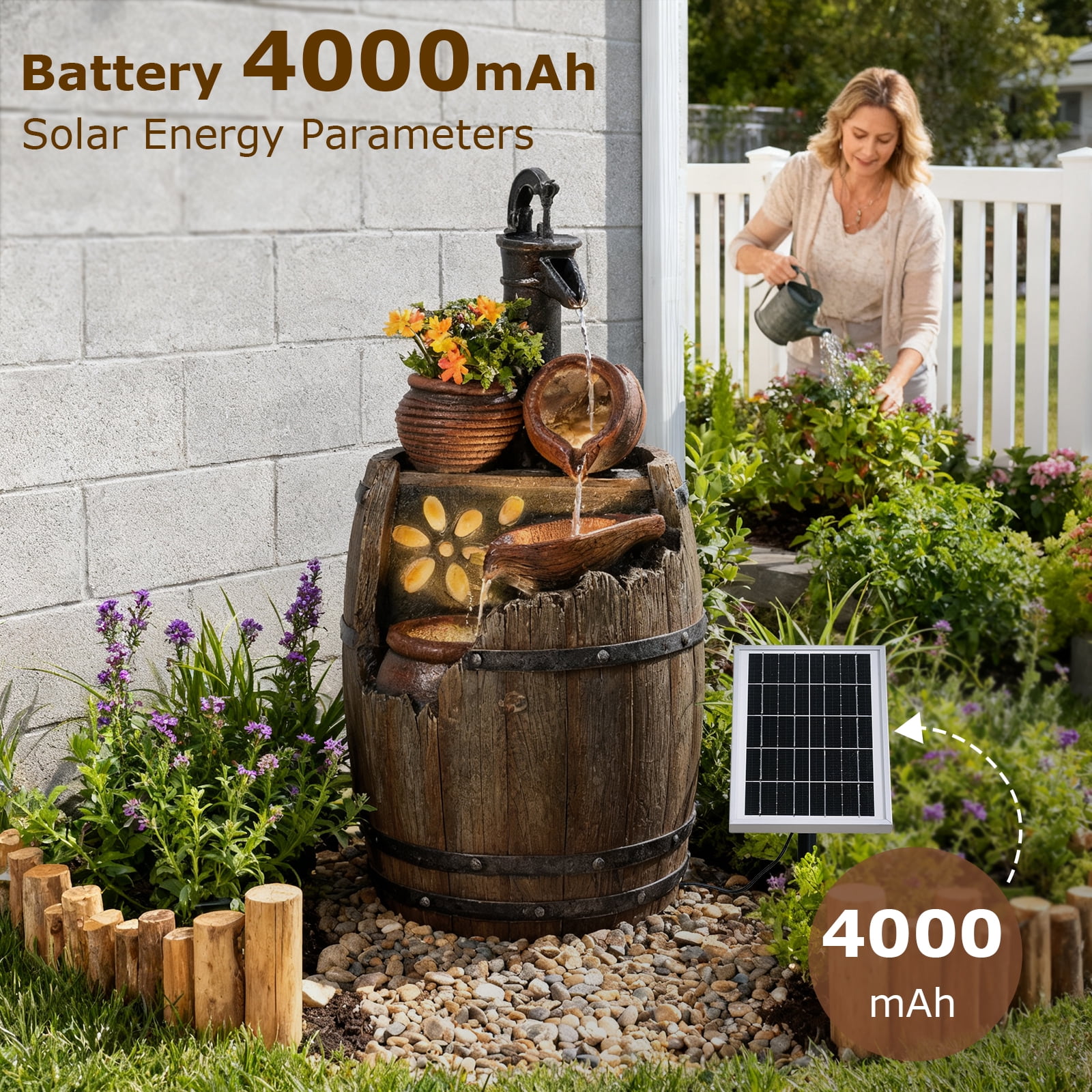 Solar Water Fountain Outdoor Rustic Pump and Barrel,4 Tiered Cascading Bowl Solar Powered Water Fall Fountains Outside Feature with LED Lights for Garden, Patio, Porch, Backyard Decor