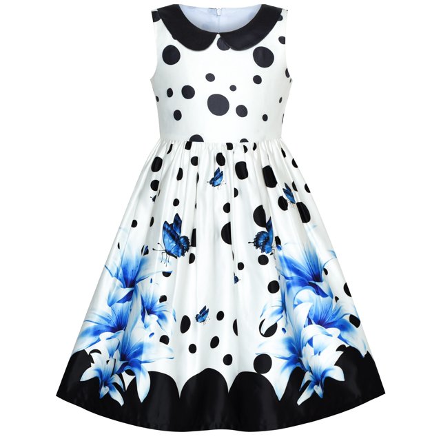 Robe Fille Bleue Lys Col Fleur Vintage Fête Danse 8 Ans