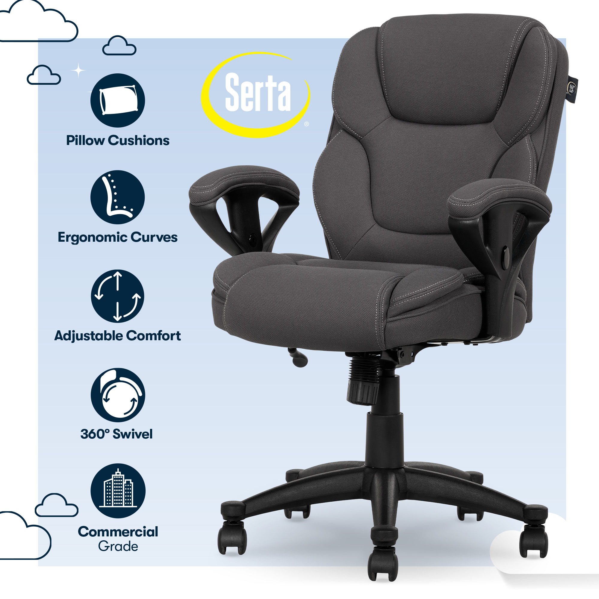 Serta Commercial Grade Task Office Chair, Supports up to 300 lbs., Dark Gray - image 2 of 15