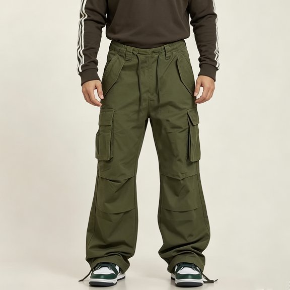 Men Wide Leg Cargo Pants 4-Way Stretch Twill Elastic Drawstring Casual Work Trousers S-XL