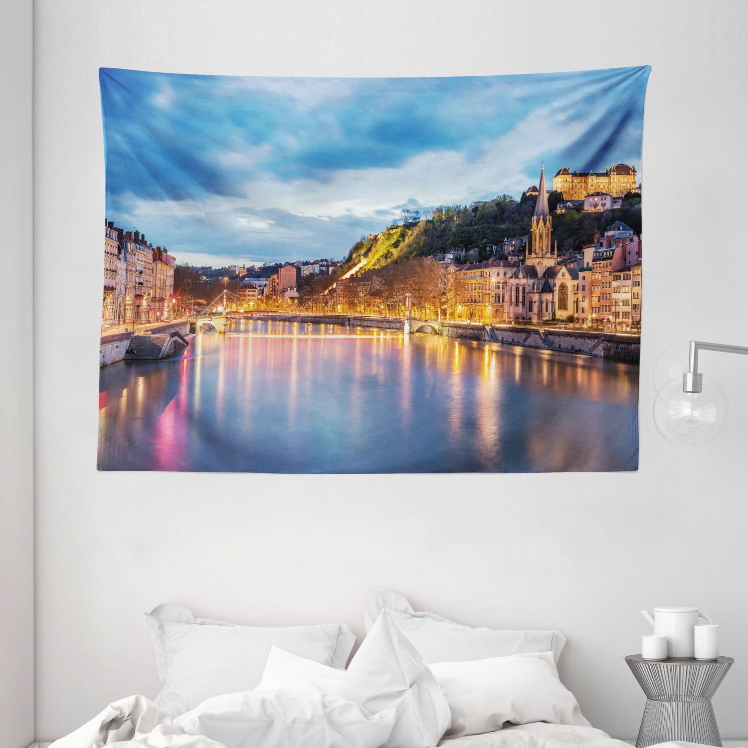 European Tapestry, View of Saone River in Lyon City at Evening France Blue Hour Historic 
