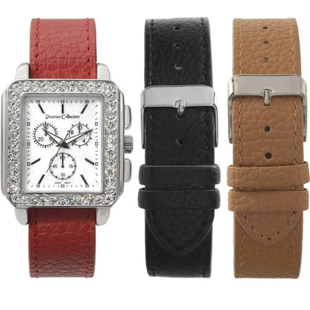 Journee Collection Women's Rhinestone Paved Square Face Interchangeable Strap Fashion Watch Set, Cognac/Silver