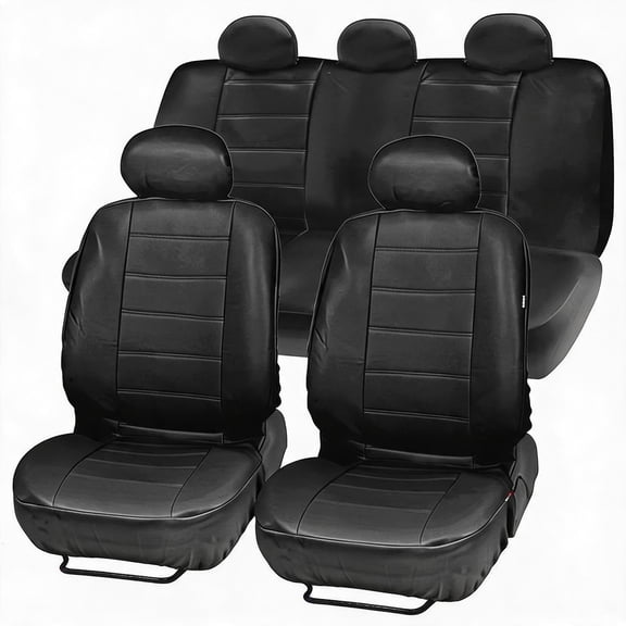 Global Fit Car Seat Cover Set - 9-Piece PU Leather Protection - Full Front & Rear Coverage - Easy-to-Clean Interior Accessory - For 5-Seat Cars, SUVs, Motorhomes - Black