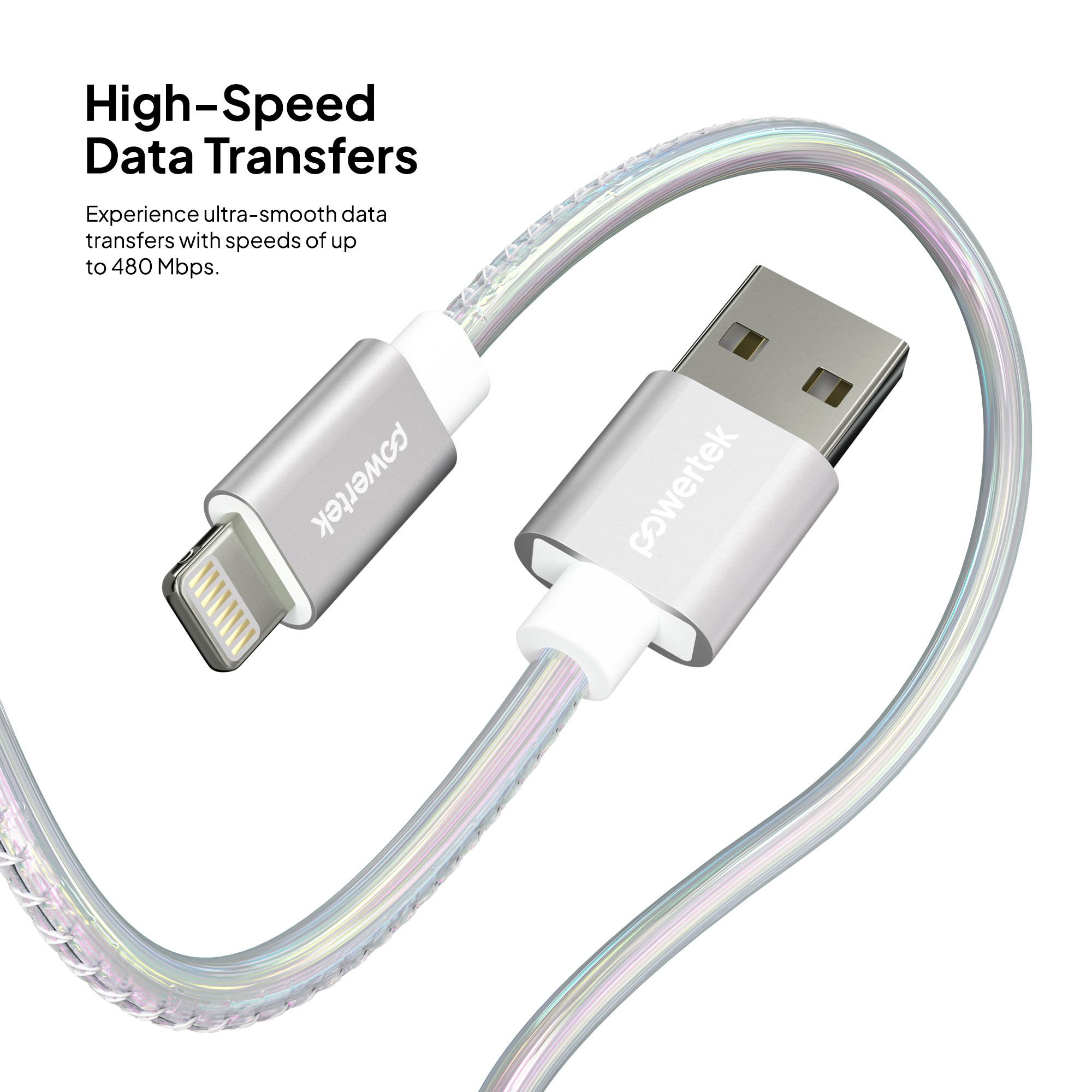Powertek MFi Certified USB-A to Lightning Cable, 6 ft, Silver photo 4