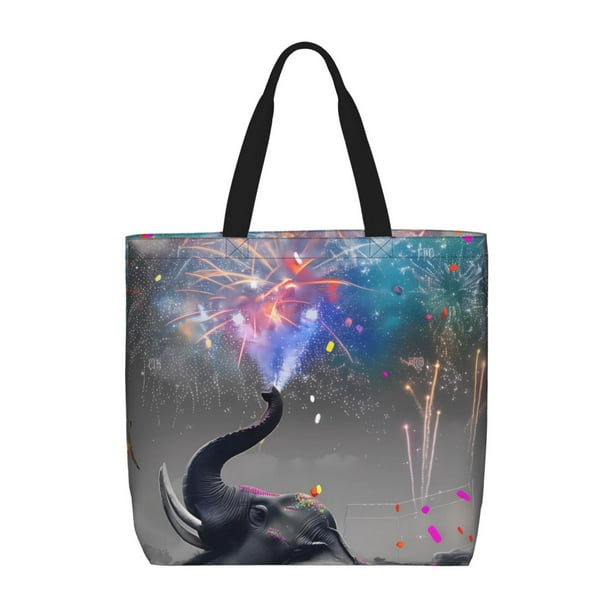 Balery Elephant Fireworks Celebration Bolsa de Mano para Mujeres con Cremallera, Bolsa de Gimnasio con Compartimentos, Bolsa para Laptop, Bolsa para Trabajo