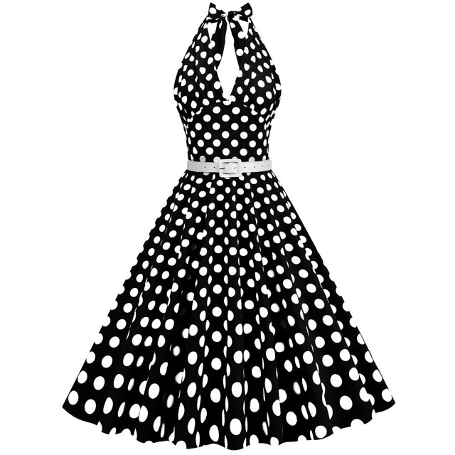 Birdeem Robe d'Été Sans Manches Rétro pour Femmes à Pois Patchwork avec Ceinture et Col Suspendu