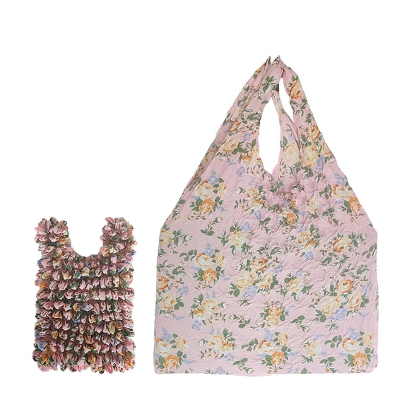 Bomd Reusable Shrink Grocery Bags, Colorful Flower Pattern Shopping Tote Bag, Portable Eco Handbag Multifunctional Storage Bag for Groceries Travel Beach Outdoor Daily Use Pink