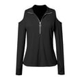 thumbnail image 4 of Arlun,Womens Half Zipper Cold Shoulder T Shirts 2025 Fall Fashion Plain Ribbed Stretchy Tight Sexy Tops Plus Size Women's Long Sleeve Soft Lightweight Tee Shirts Black S, 4 of 5