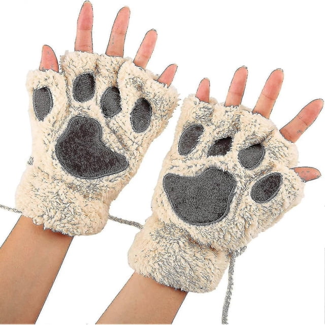 Women Bear Plush Cat Paw Claw Glove Soft Winter Gloves Fingerless Gloves (beige)-yuhao